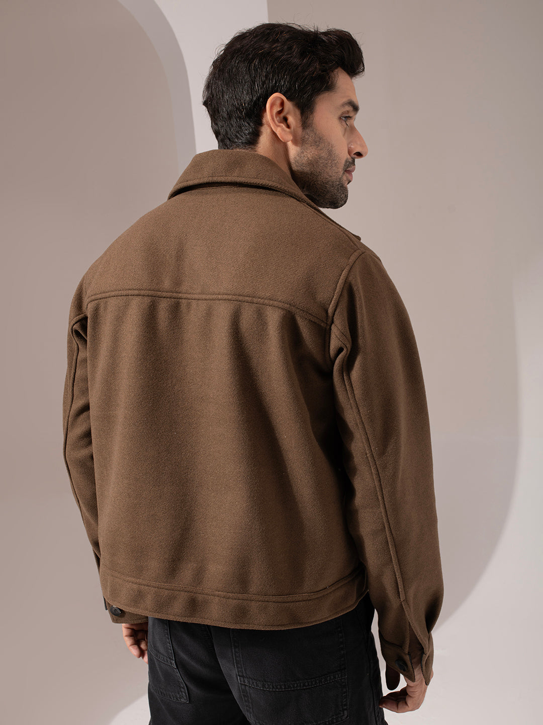 Brown Crop Solid Box Fit Jacket