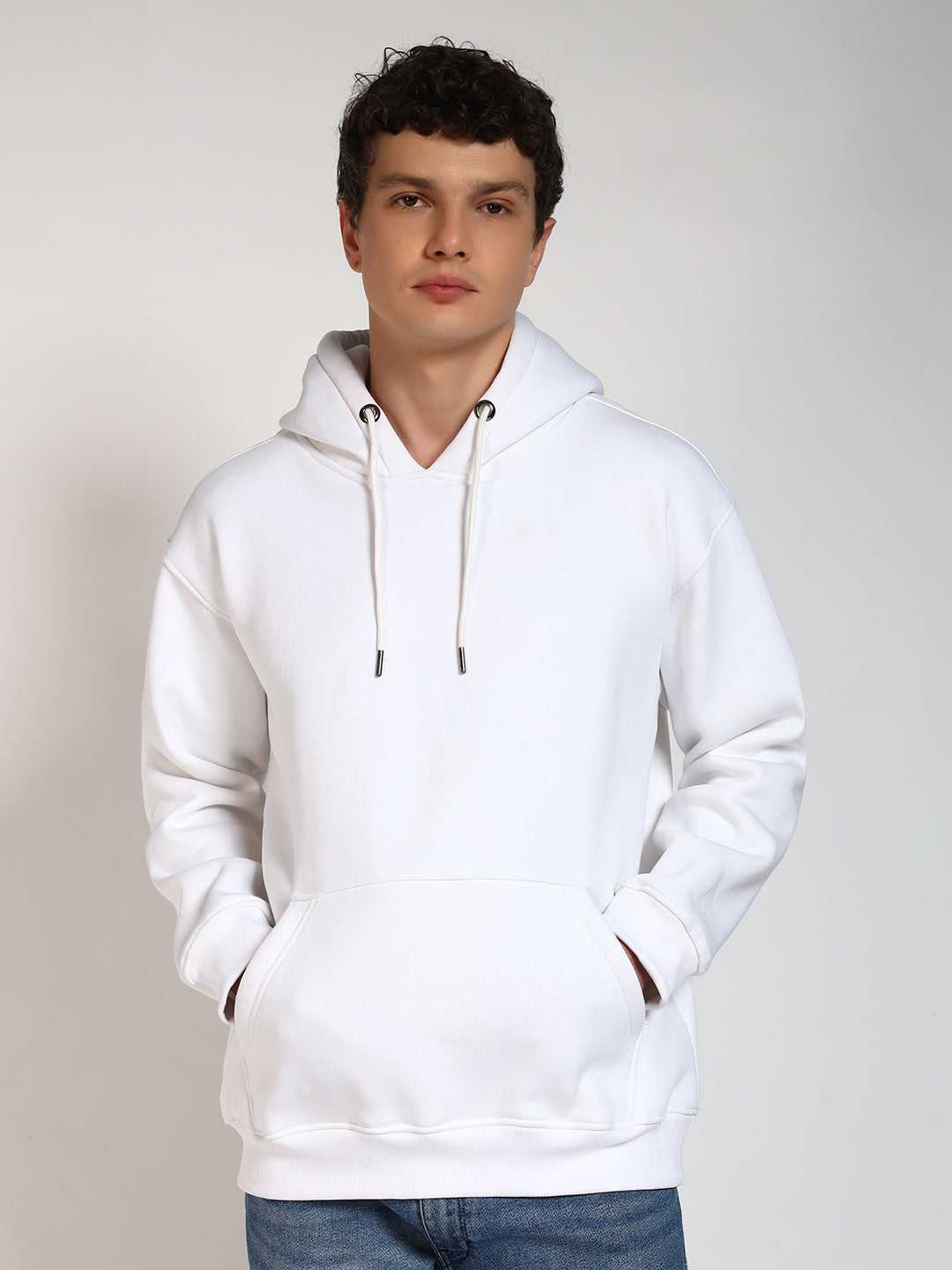 White Solid Regular Fit Hoodie Sweatshirt