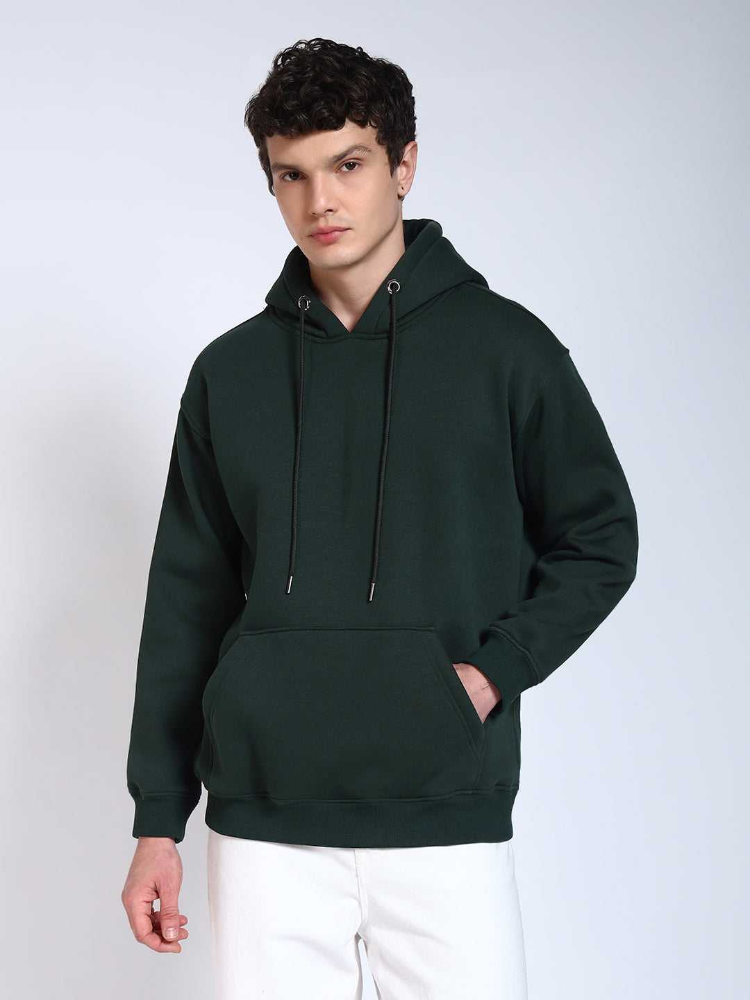 Bottle Green Solid Regular Fit Hoodie Sweatshirt