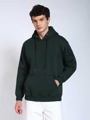 Bottle Green Solid Regular Fit Hoodie Sweatshirt