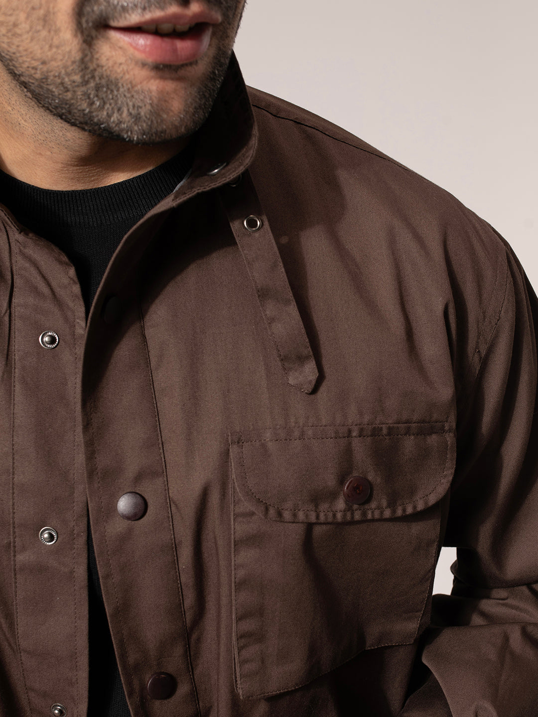 Brown Solid Long Utility Jacket