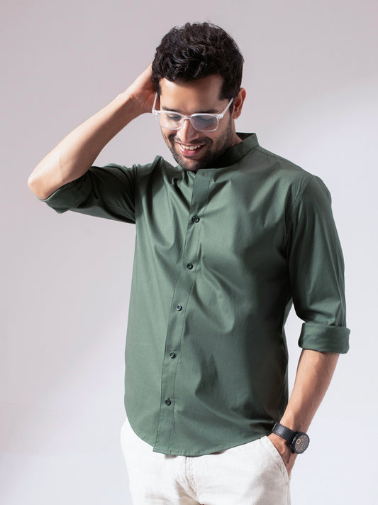 Green Band Collar Solid Cotton Shirt