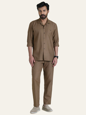 Brown Linen Solid Shirt Pants Co-ord Set.