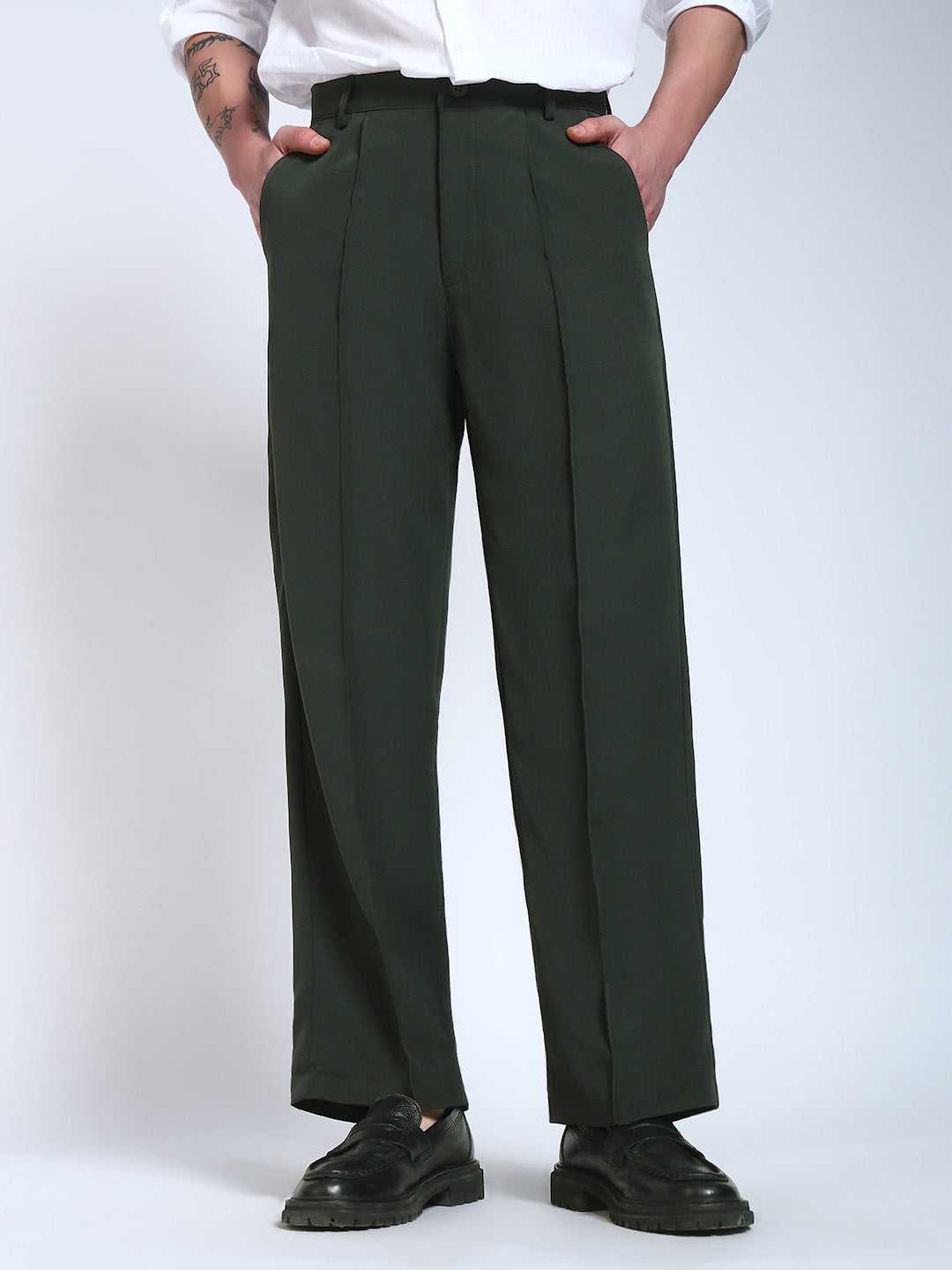 Bottle Green Solid Pintuck Korean Pants