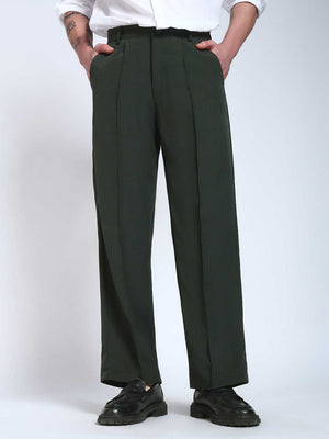 Bottle Green Solid Pintuck Korean Pants