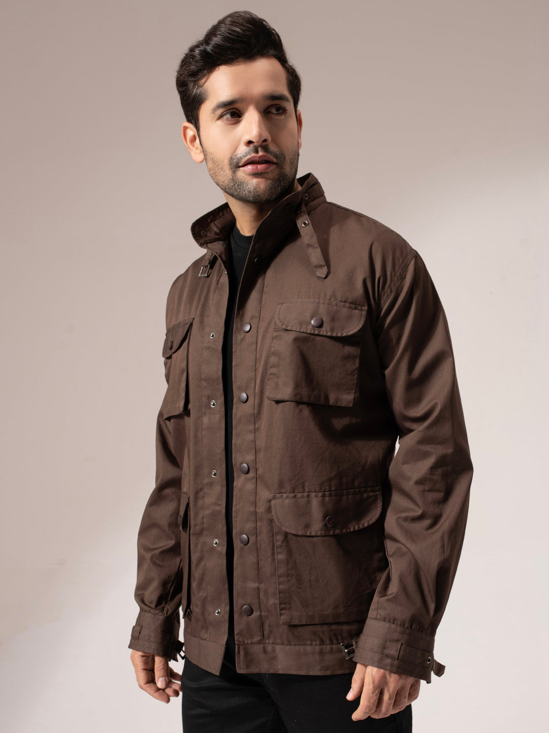 Brown Solid Long Utility Jacket