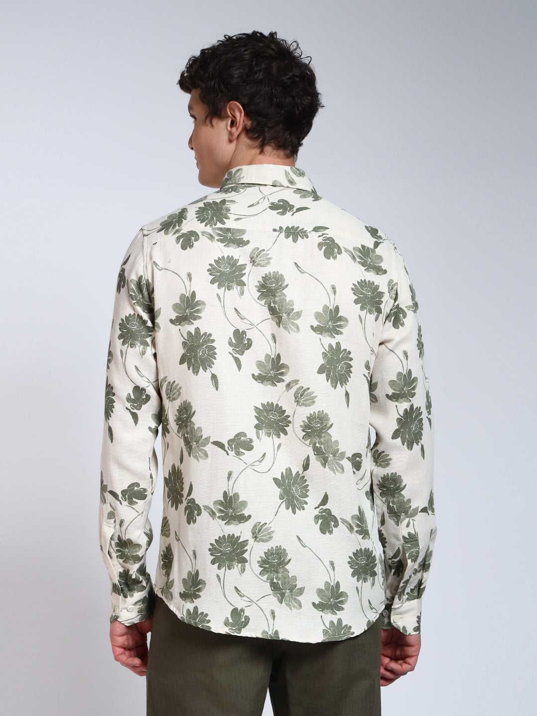 Cream & Green Printed Slim Fit Linen Cotton Cotton Shirt