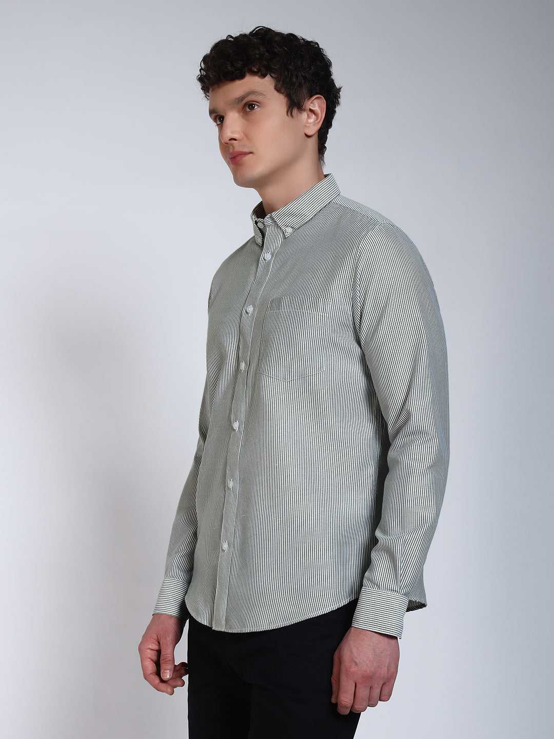 Bottle Green Striped Slim Fit Cotton Shirt