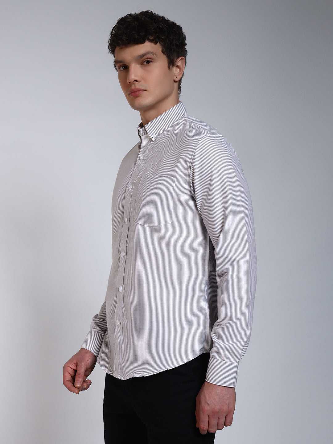 Grey Striped Slim Fit Cotton Shirt