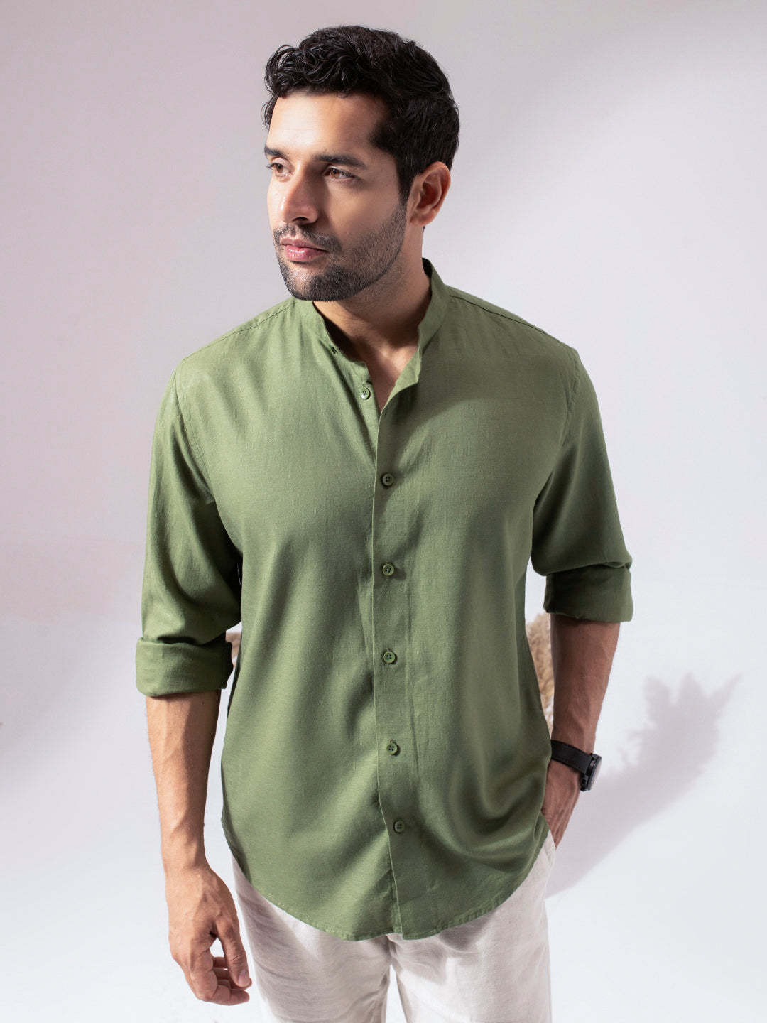 Green Band Collar Linen Blend Shirt