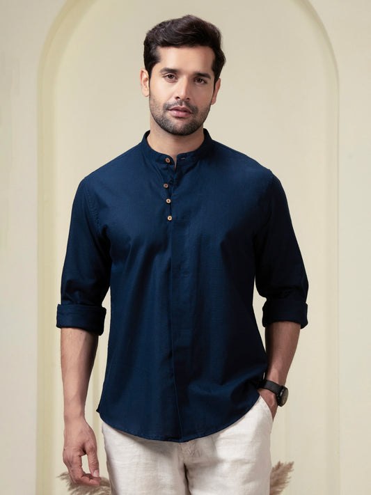 Blue Mandarin Collar Linen Blend Shirt