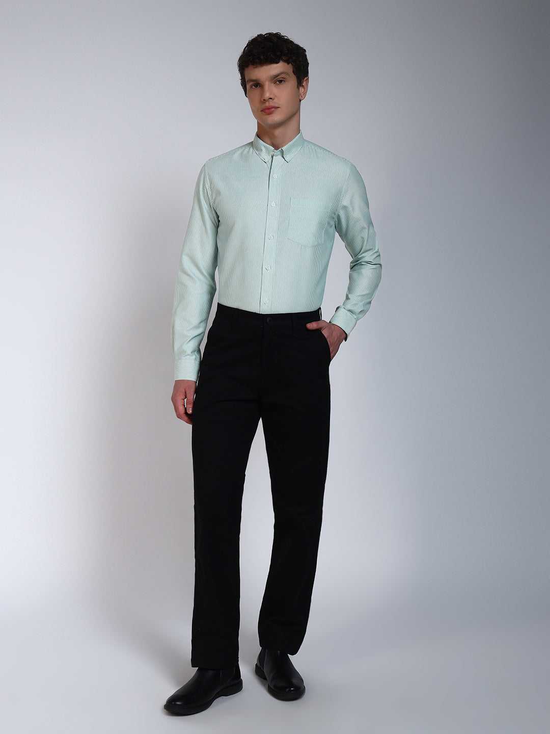 Pista Green Striped Slim Fit Cotton Shirt