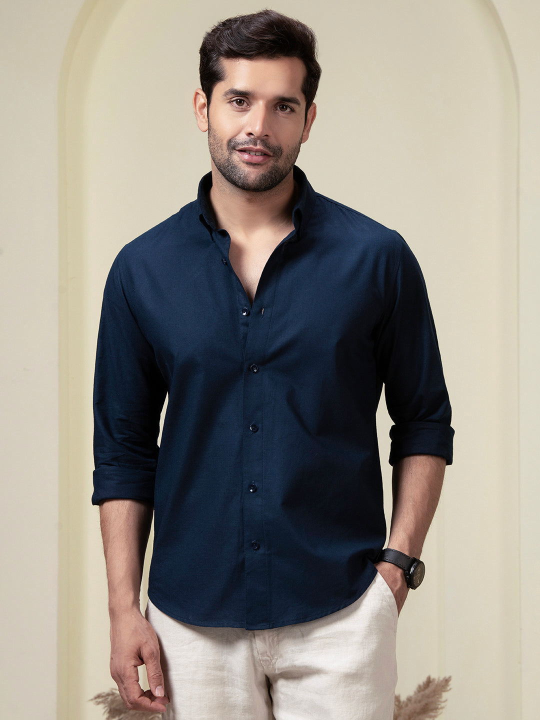 Navy Blue Linen Blend Shirt