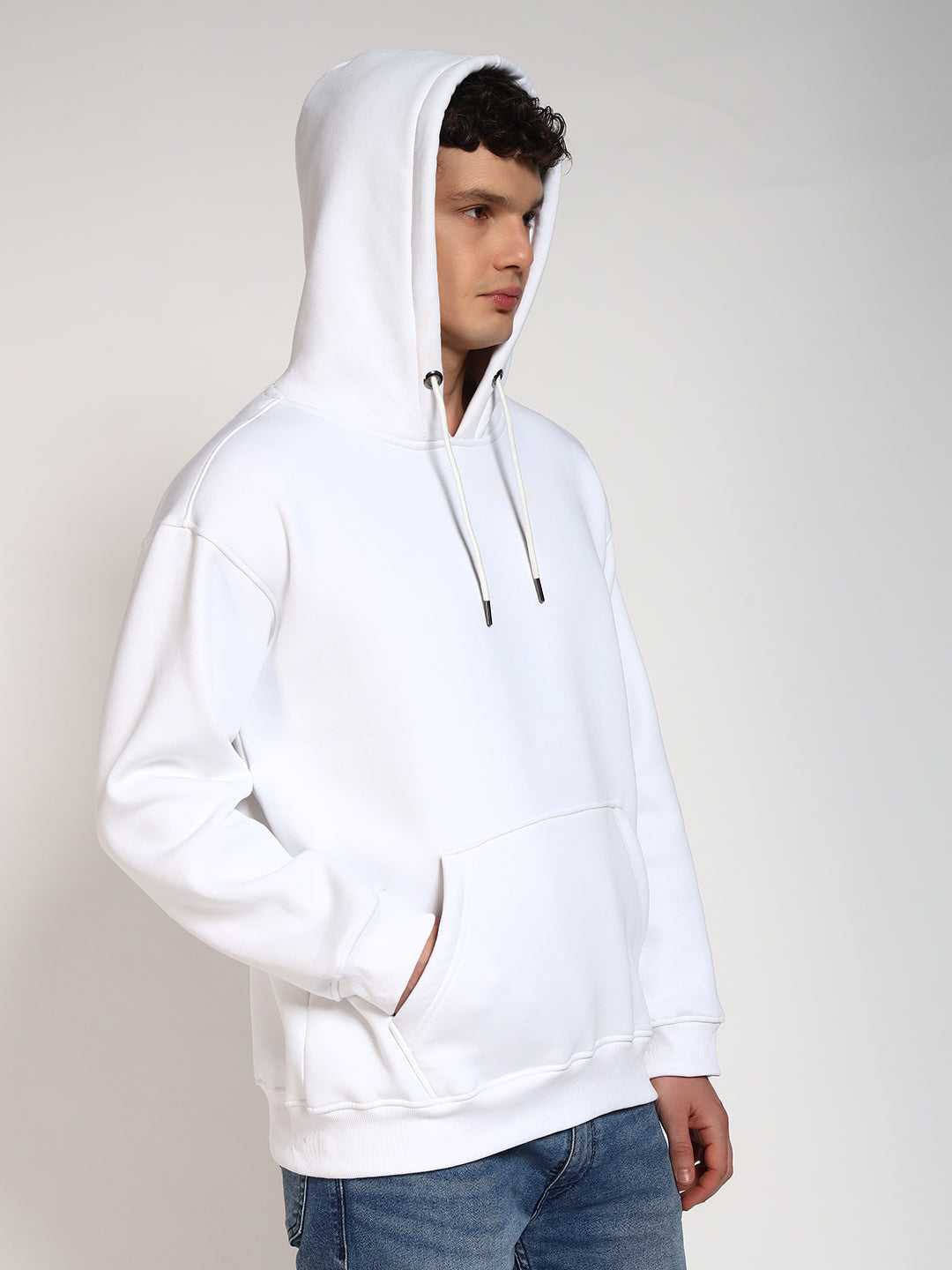 White Solid Regular Fit Hoodie Sweatshirt
