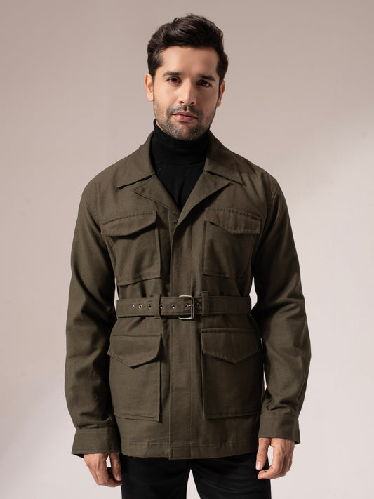 Olive Green Long Belted Jacket