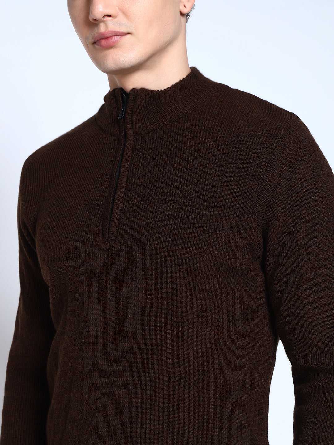 Brown Solid Ribbed Zip-Top Pullover-Sweater