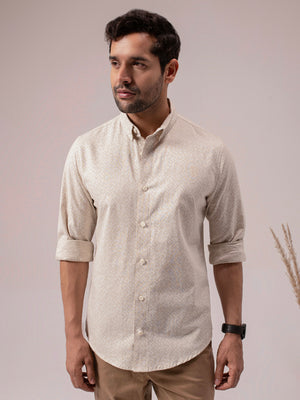 Beige Color Abstract Print Linen Cotton Shirt