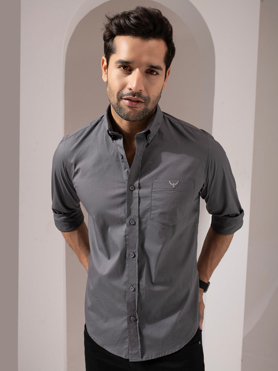 Dark Gray Solid Cotton Shirt