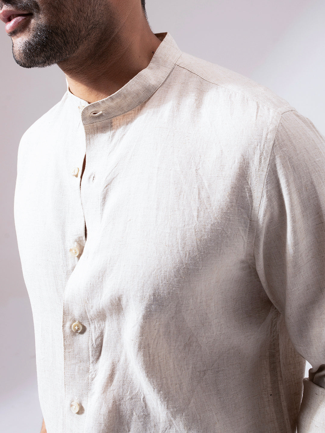 Beige Band Collar Linen Blend Shirt