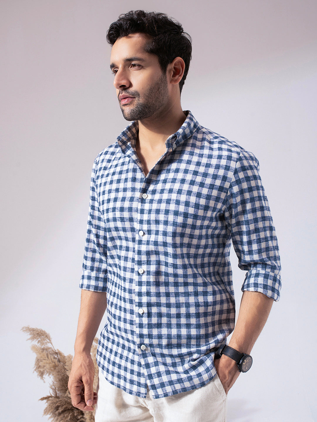Blue Checks Linen Blend Shirt