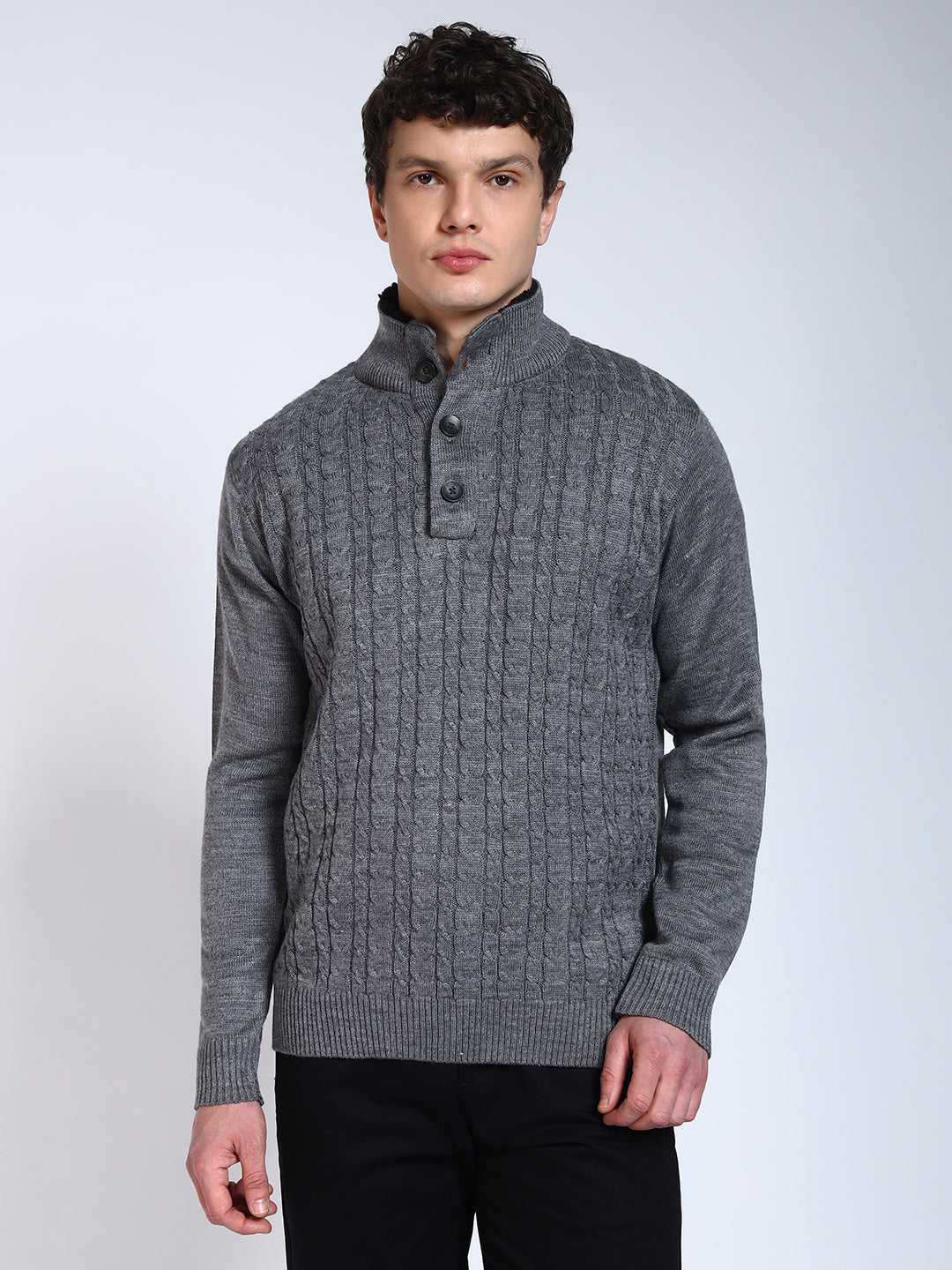 Grey Solid Cable Knit Fur Collar Pullover-Sweater