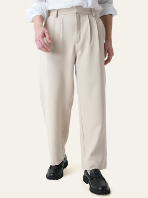 Cream Solid Pleated Korean Pants