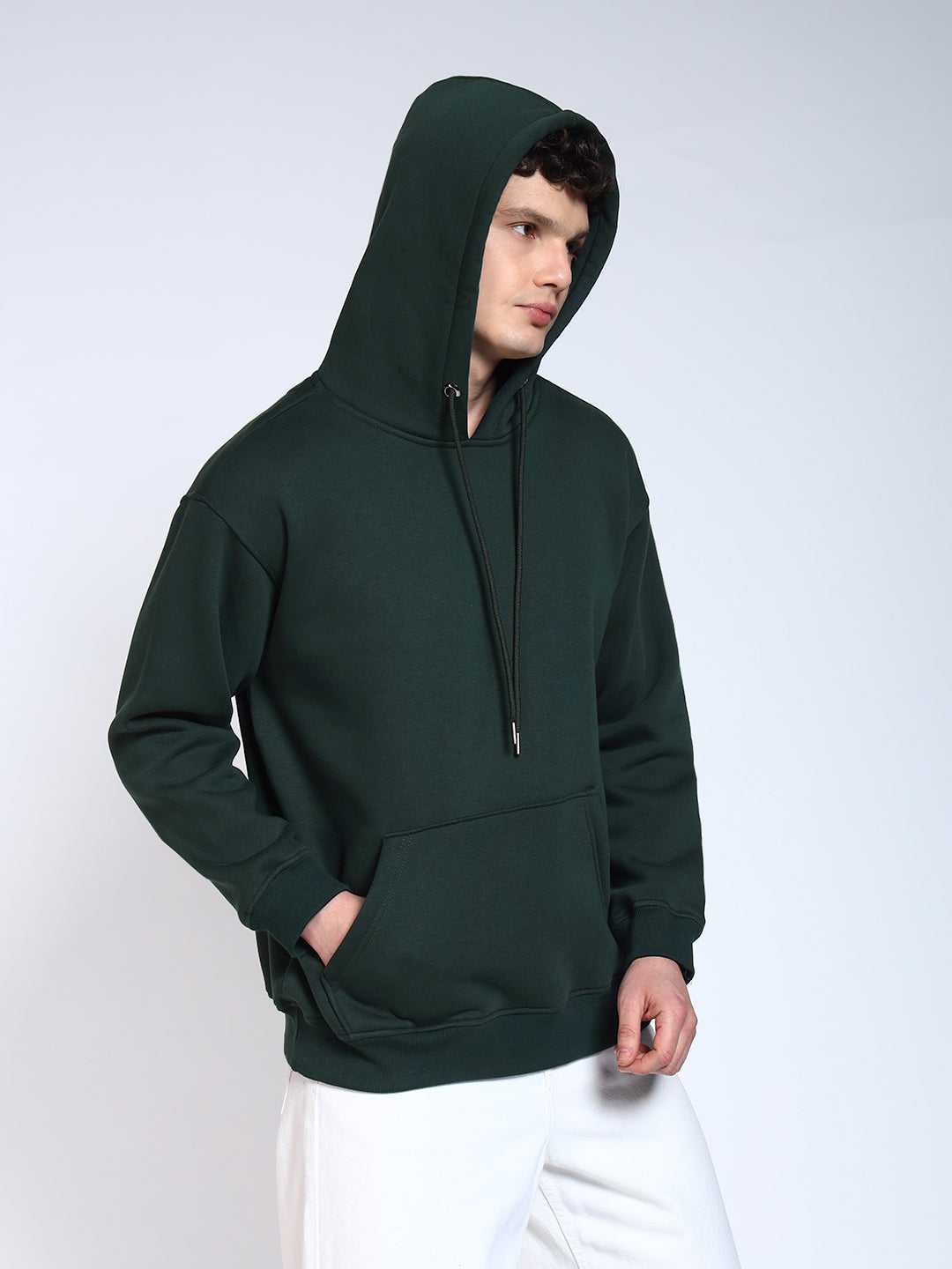 Bottle Green Solid Regular Fit Hoodie Sweatshirt