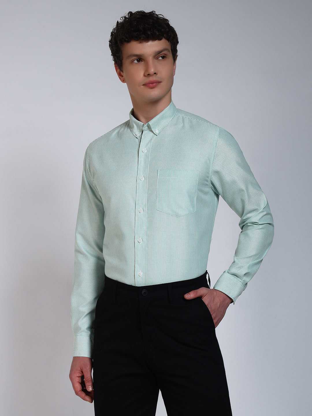 Aqua Green Striped Slim Fit Cotton Shirt