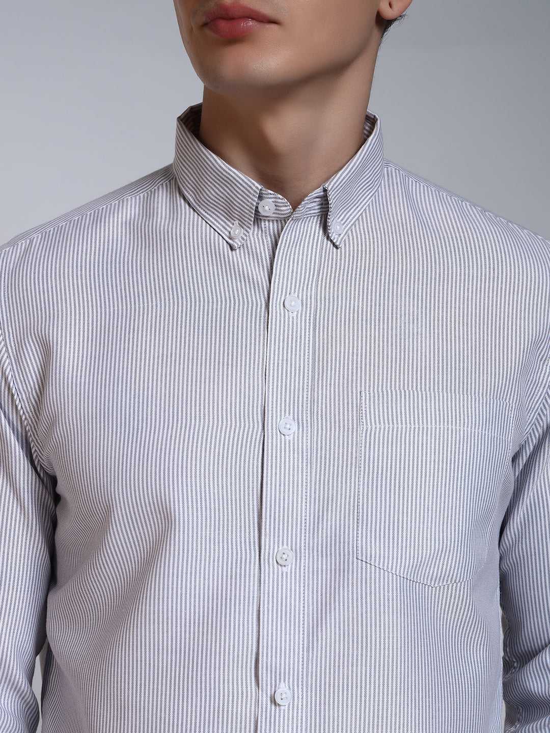 Grey Striped Slim Fit Cotton Shirt