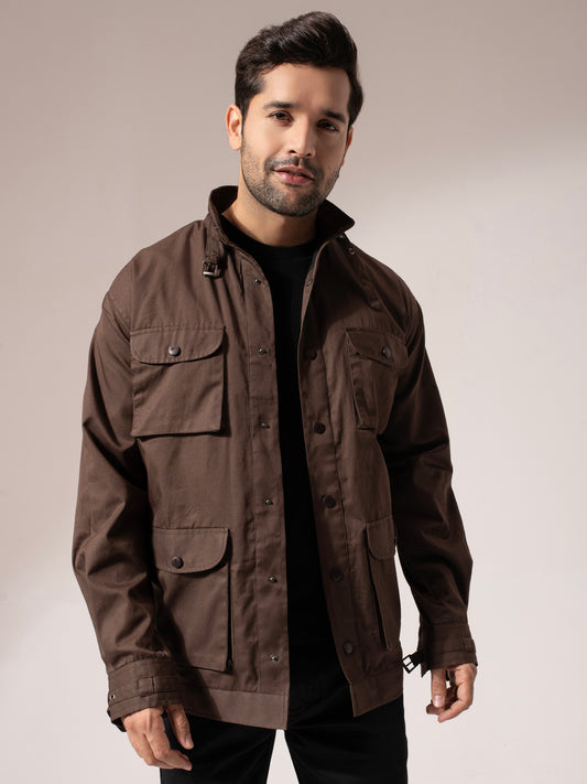 Brown Solid Long Utility Jacket