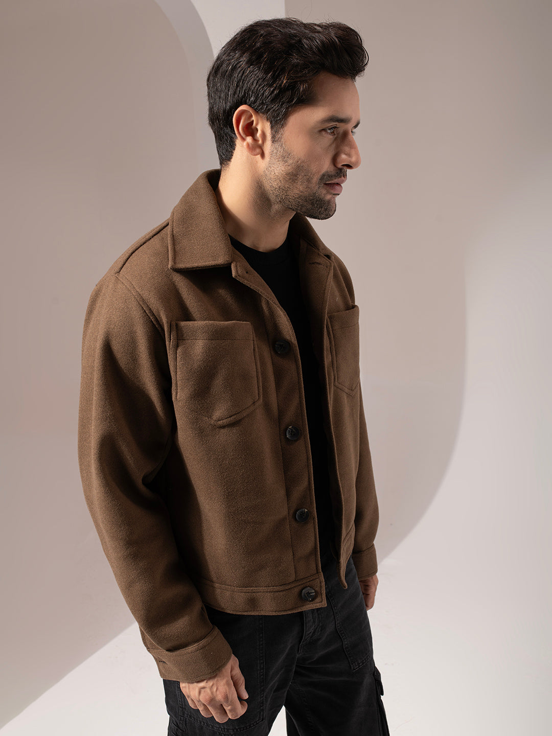 Brown Crop Solid Box Fit Jacket