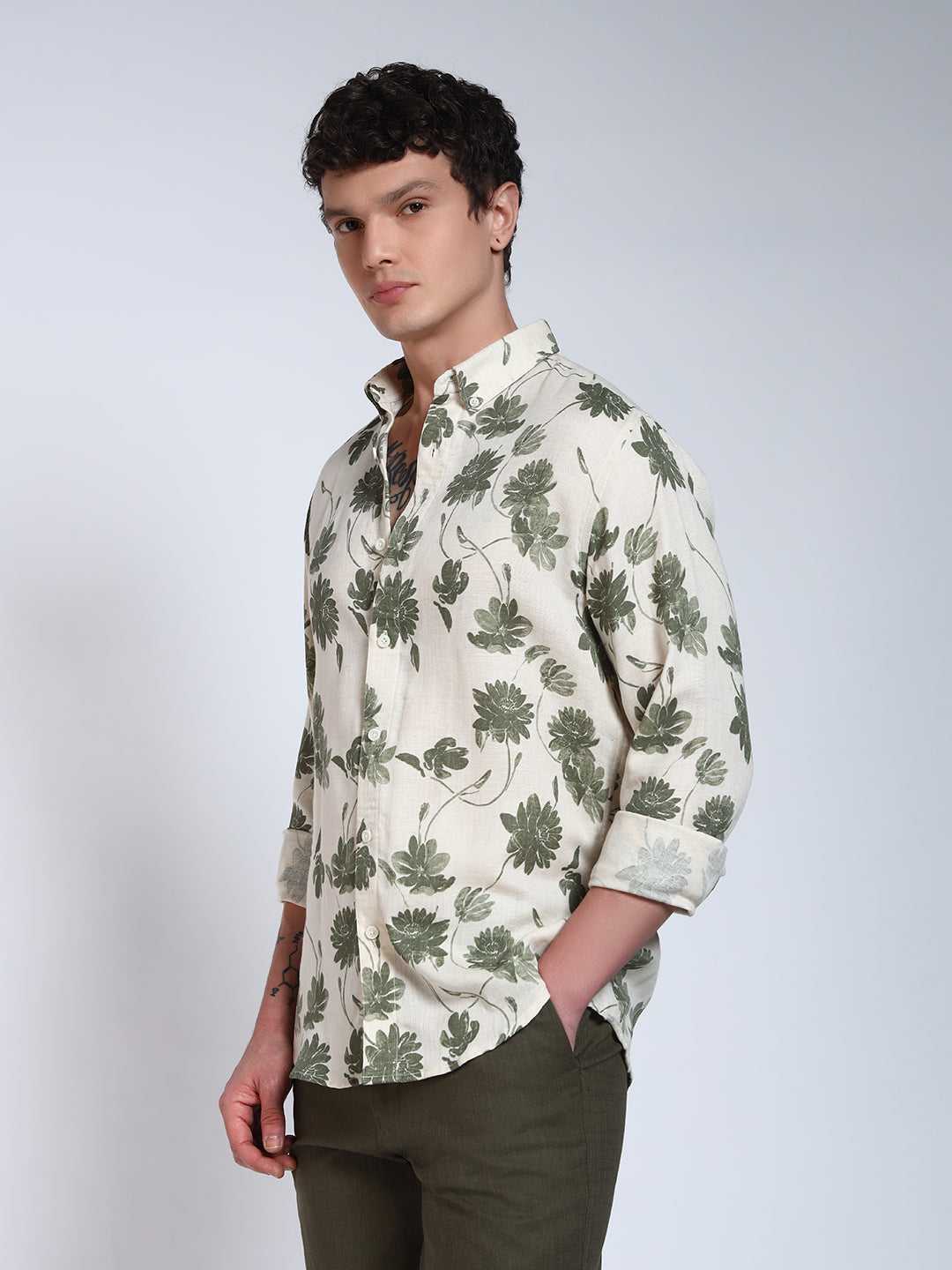 Cream & Green Printed Slim Fit Linen Cotton Cotton Shirt