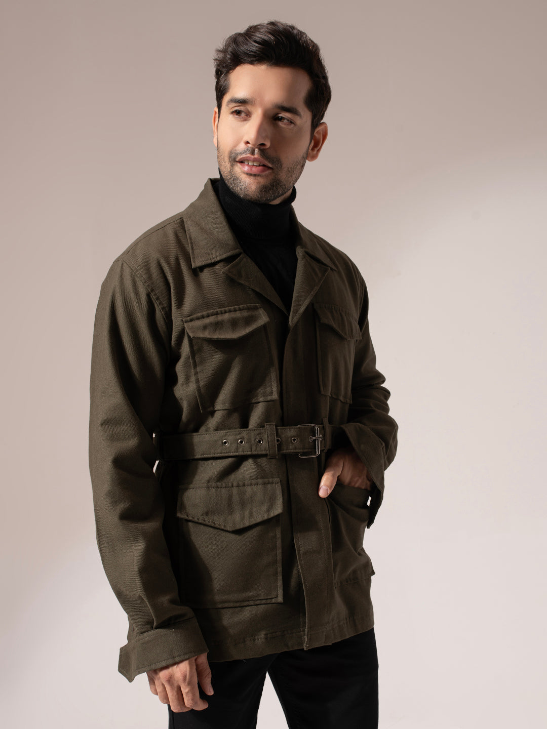 Olive Green Long Belted Jacket