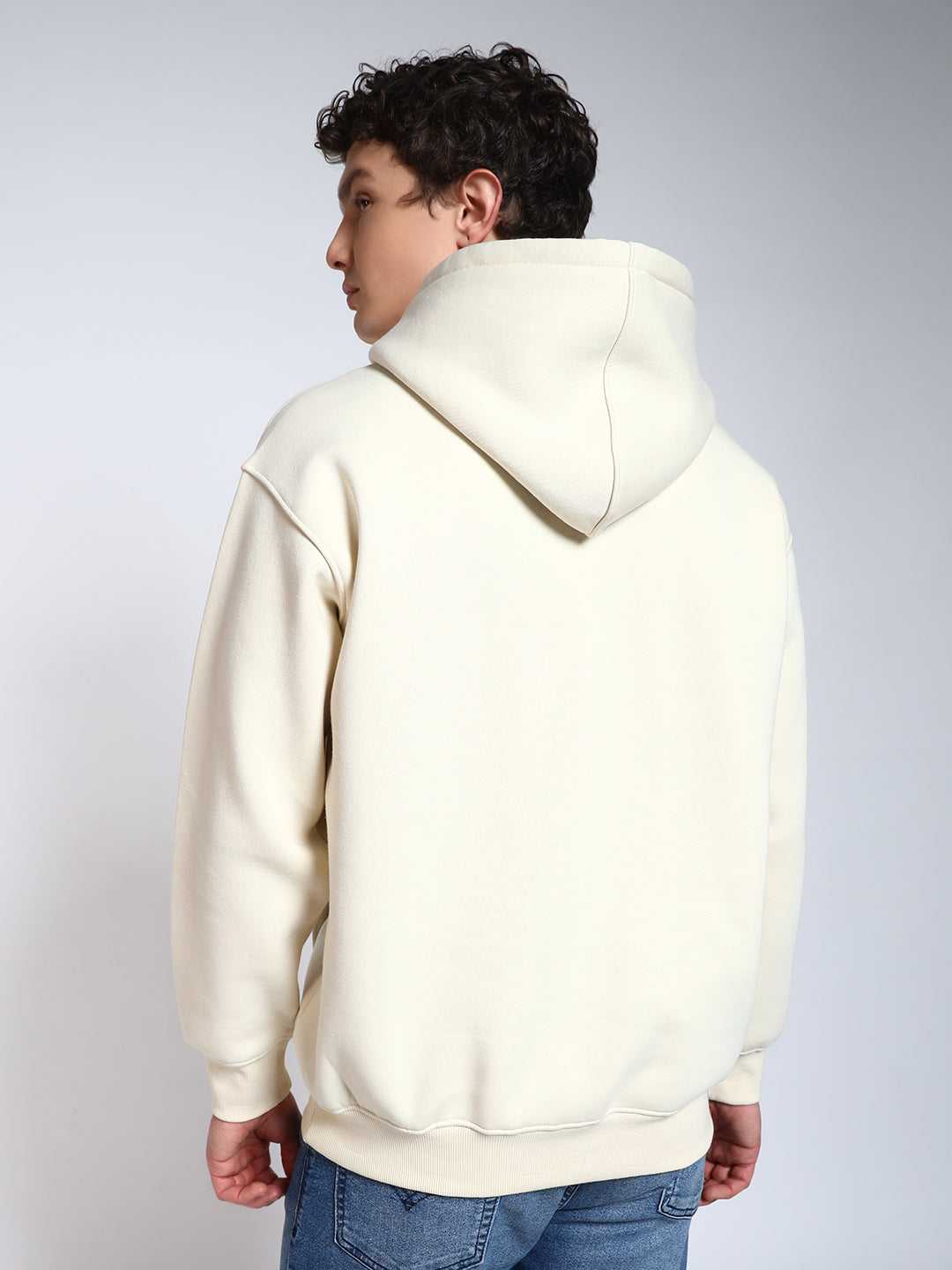 Cream Solid Regular Fit Hoodie Sweatshirt