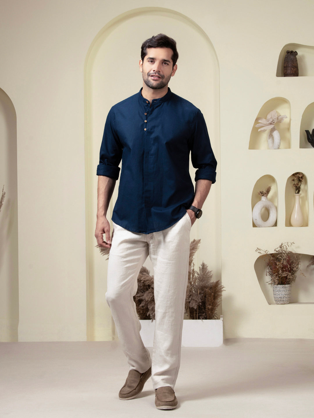 Blue Mandarin Collar Linen Blend Shirt