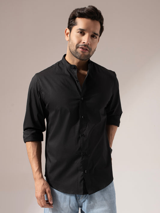 Black Solid Band Collar Cotton Shirt