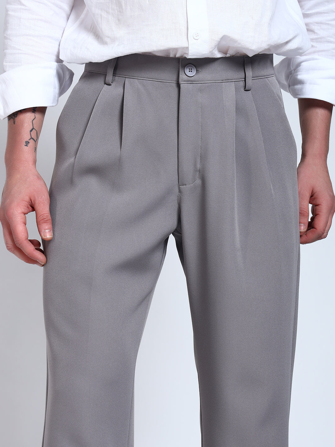 Light Grey Solid Pleated Korean Pants