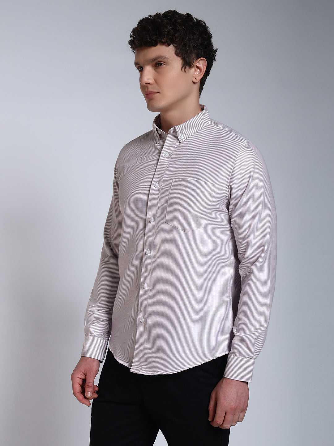Brown Striped Slim Fit Cotton Shirt