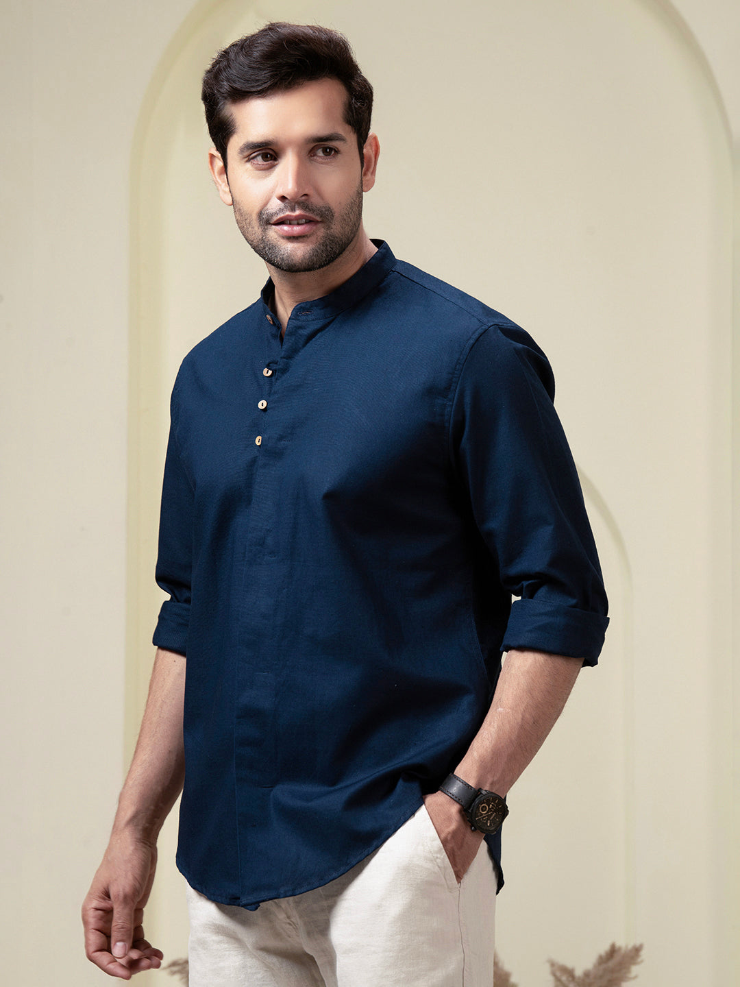 Blue Mandarin Collar Linen Blend Shirt