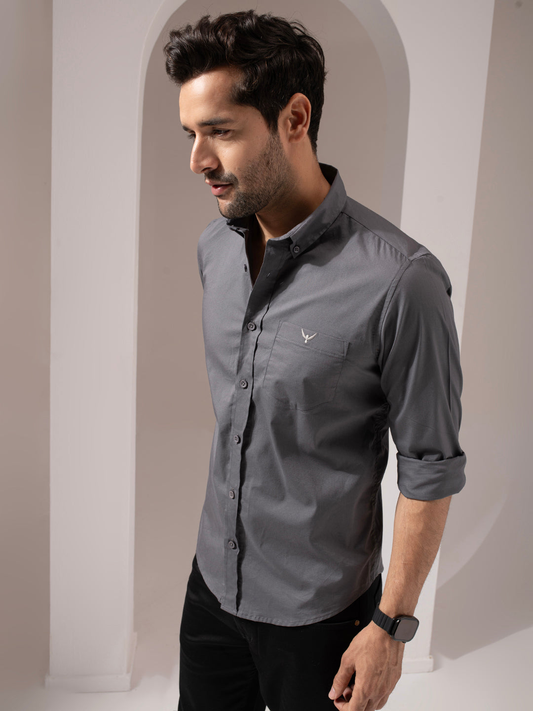 Dark Gray Solid Cotton Shirt