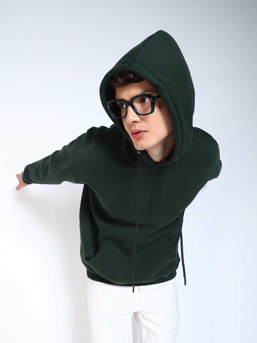 Bottle Green Solid Regular Fit Hoodie Sweatshirt