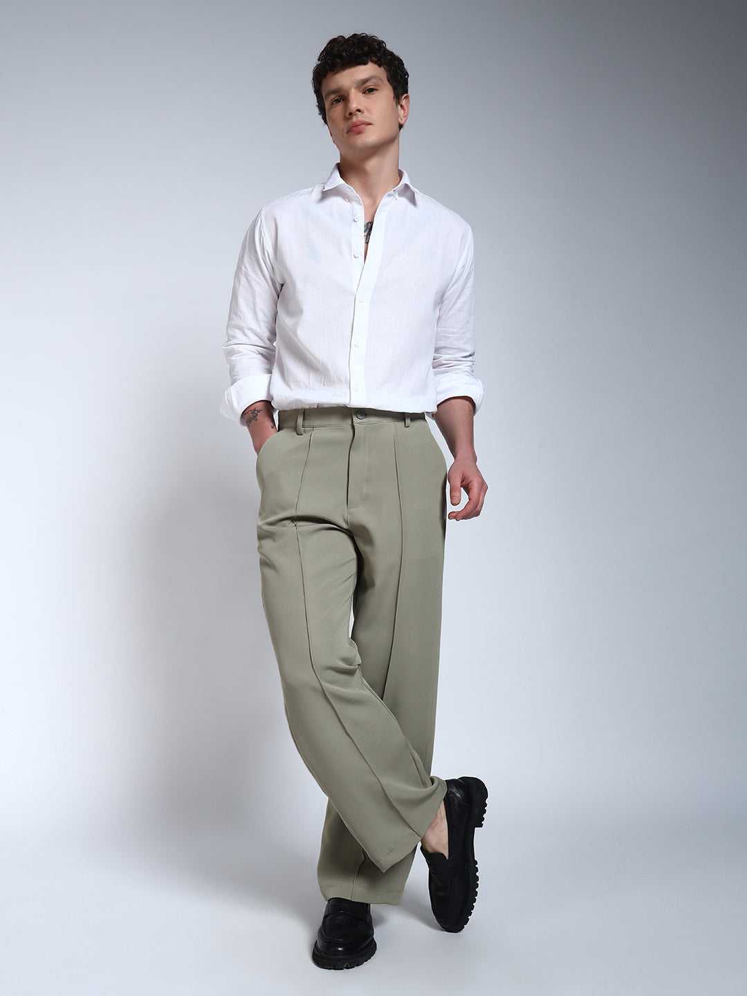 Light Pista Green Solid Pintuck Korean Pants