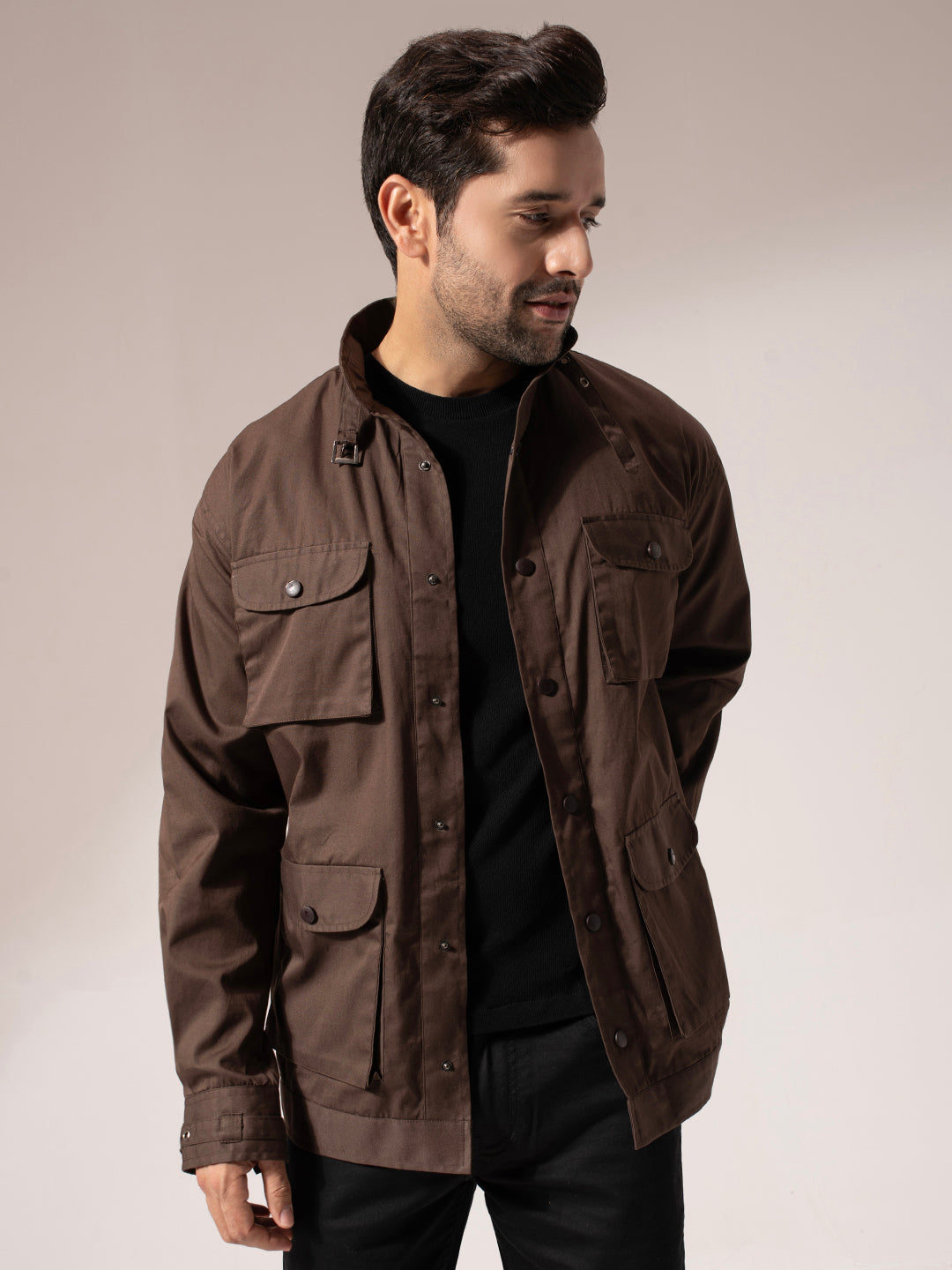 Brown Solid Long Utility Jacket