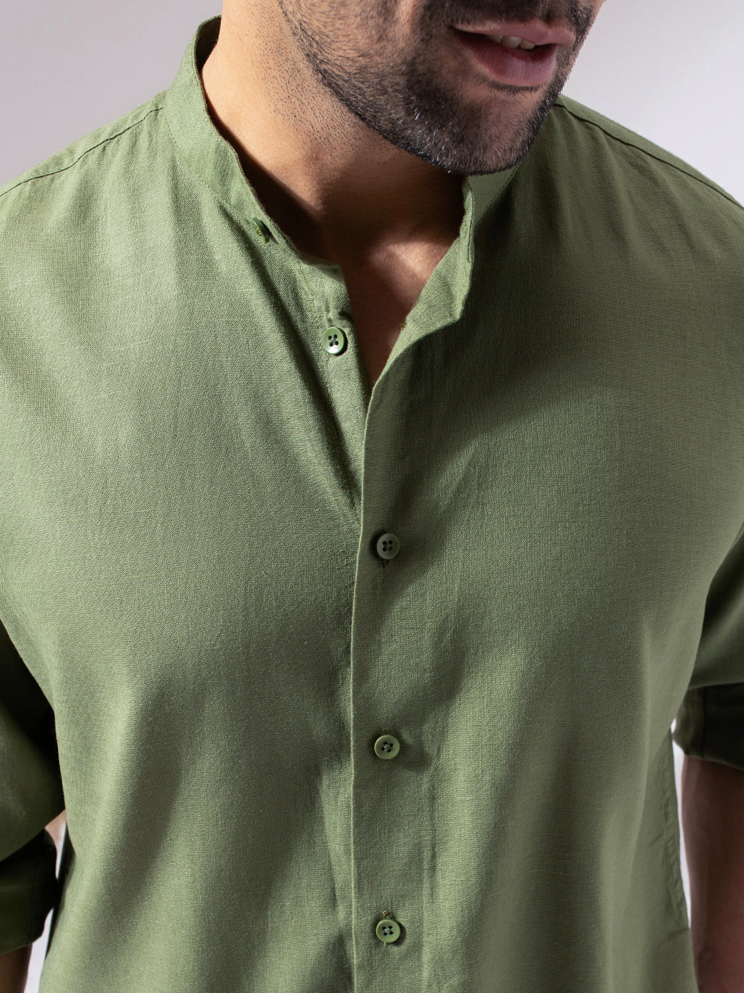 Green Band Collar Linen Blend Shirt