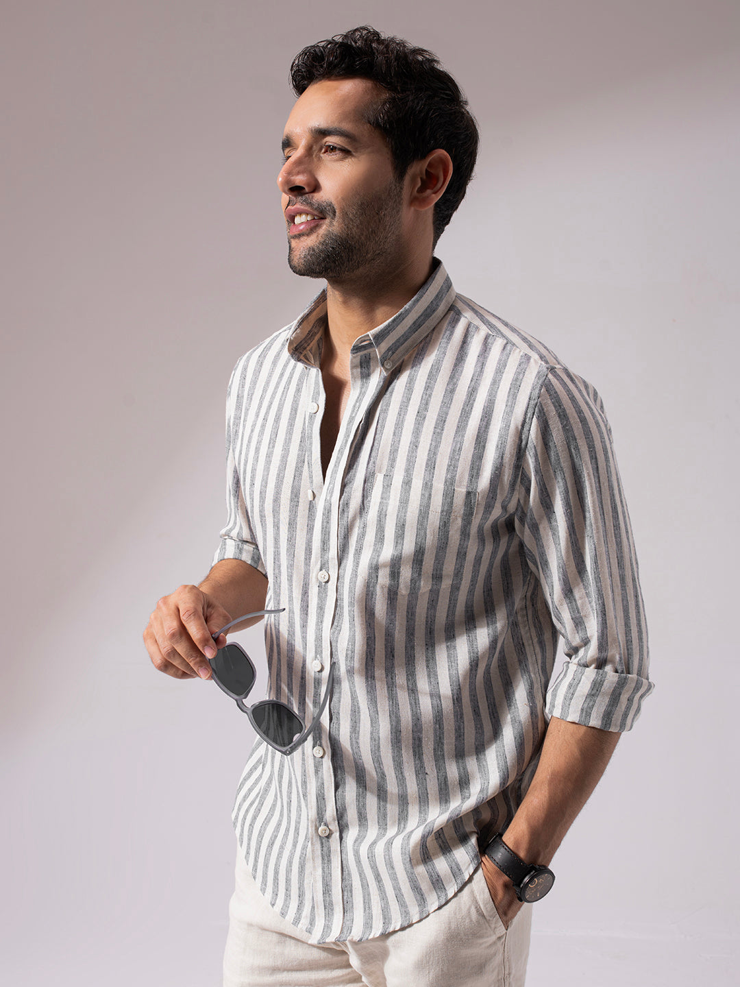 Black Stripes Linen Blend Shirt