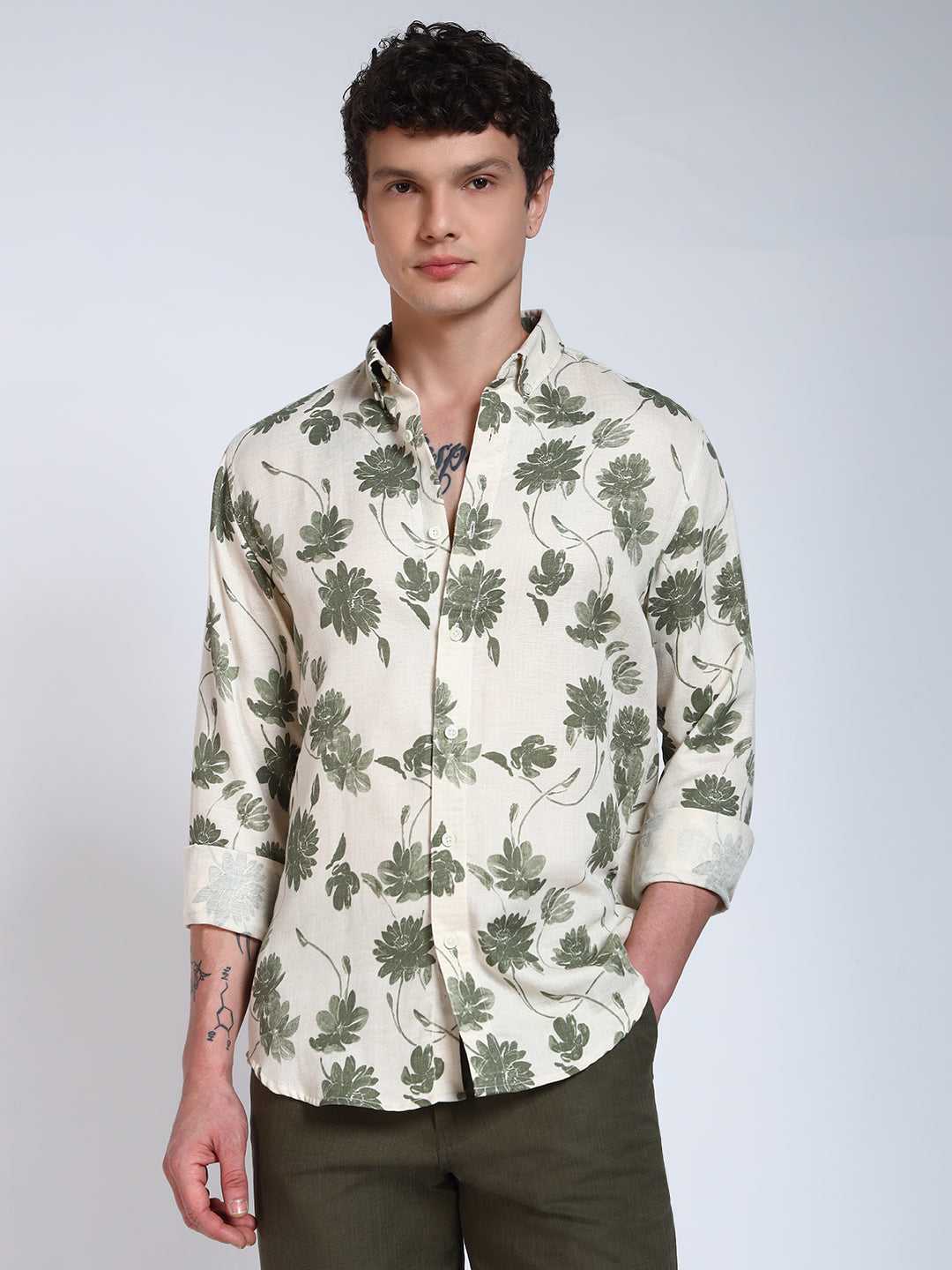 Cream & Green Printed Slim Fit Linen Cotton Cotton Shirt