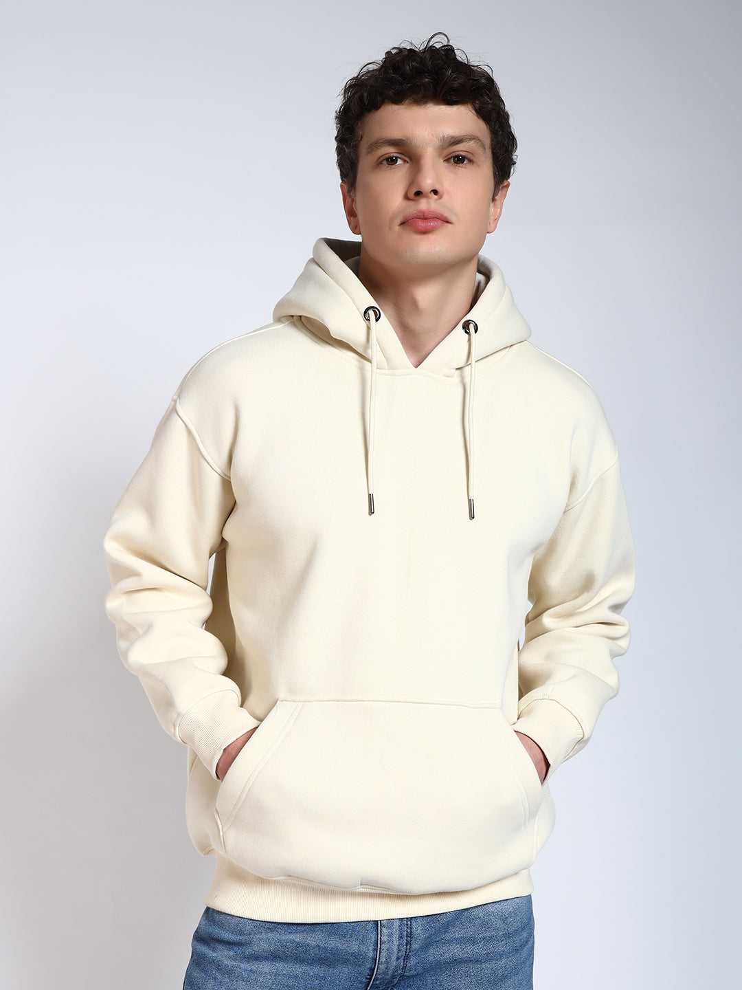 Cream Solid Regular Fit Hoodie Sweatshirt