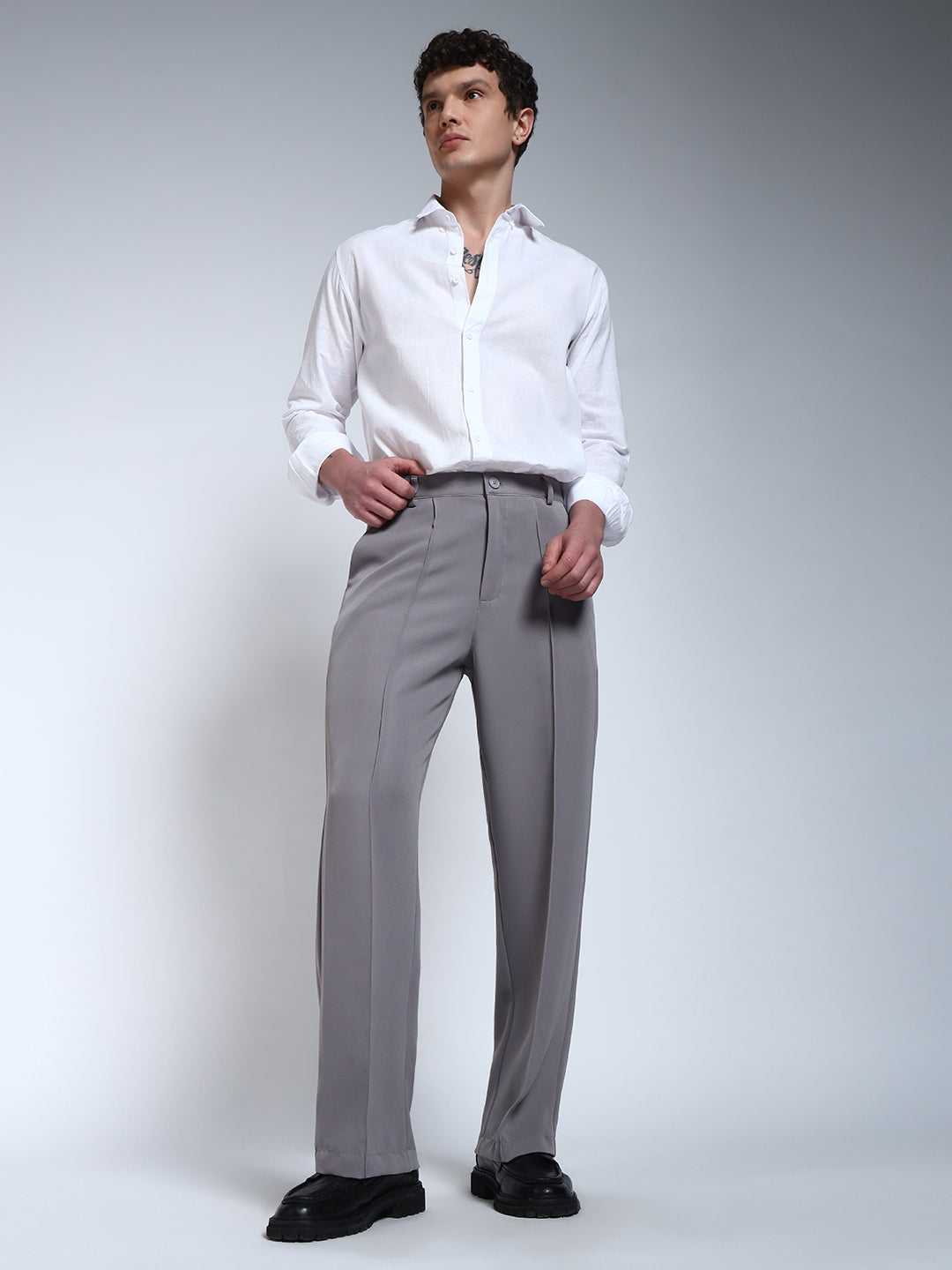 Light Grey Solid Pintuck Korean Pants
