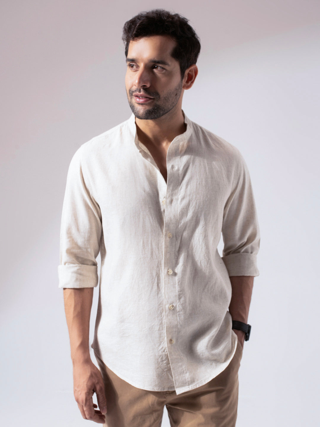 Beige Band Collar Linen Blend Shirt