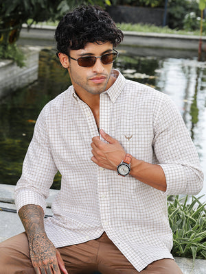 Brown Checked Slim Fit Linen Shirt